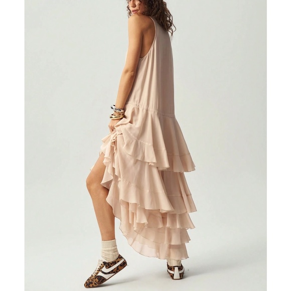 Solid Half Button Neck tie Sleeveless Layered Tiered Ruffle Maxi Dress - Picture 5 of 6